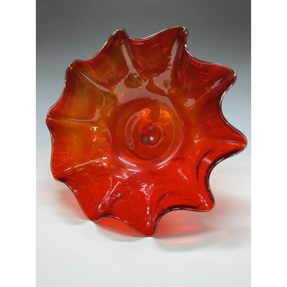 Vtg‎ Bischoff Amberina Ruffled Compote Bowl Bubbles Glass Clear Stem Banana Boat